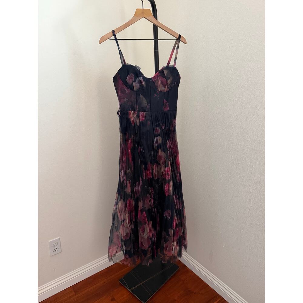 Lulus Alluring Invite Midnight Blue Floral Pleated Bustier Midi Dress XS - Picture 5 of 7